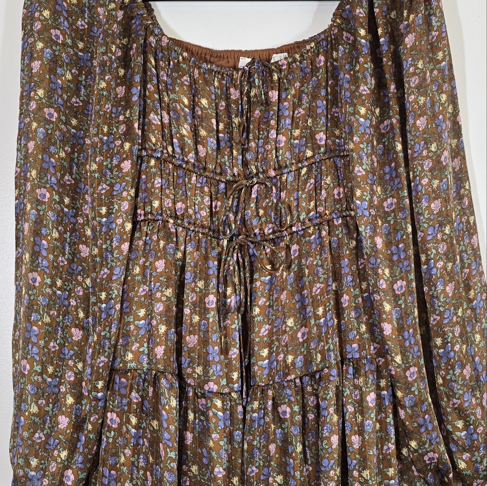 NWT Astr The Label Ruched Bust Brown Pink Ditsy Floral Midi Dress XS - Picture 6 of 11